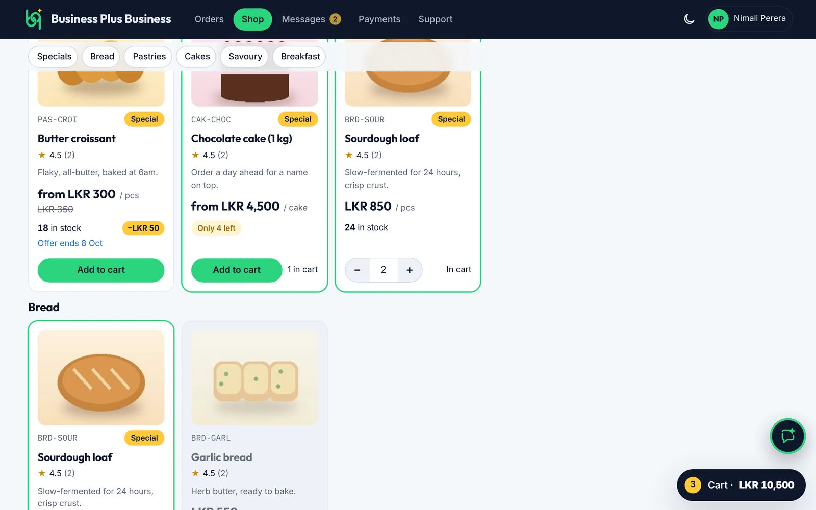A bakery's shop page with products, prices and offers