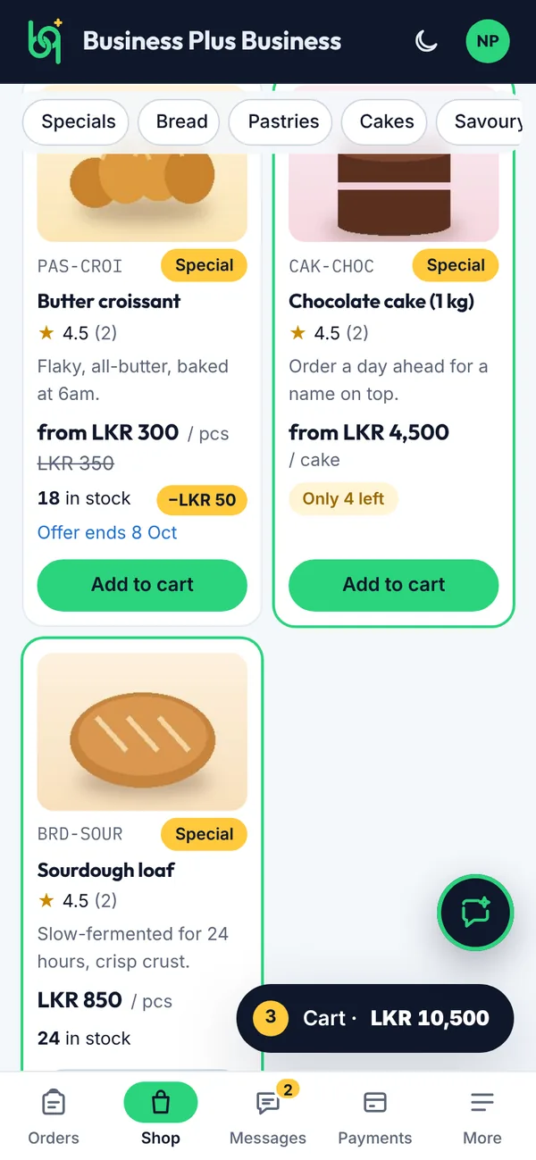 A business's products, grouped by category on a phone