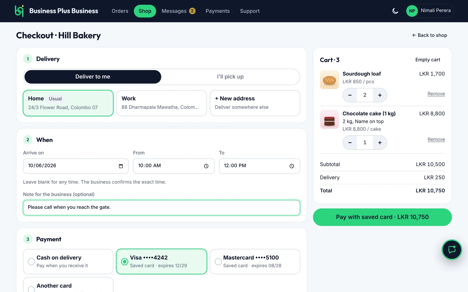 Checkout: delivery, time and note on a computer