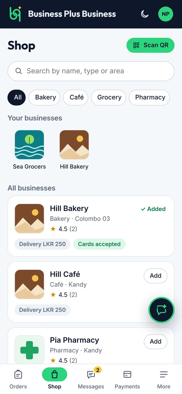 Shop: find and add businesses on a phone