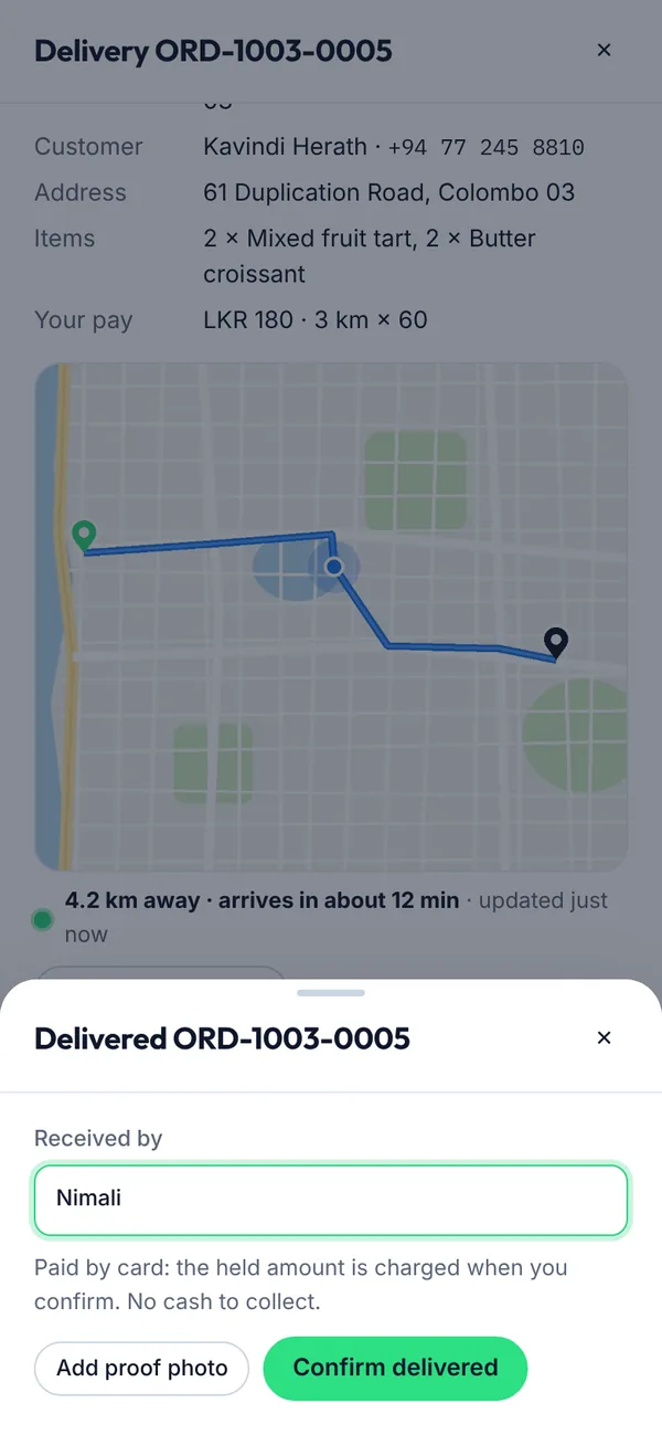 Marking an order delivered on a phone