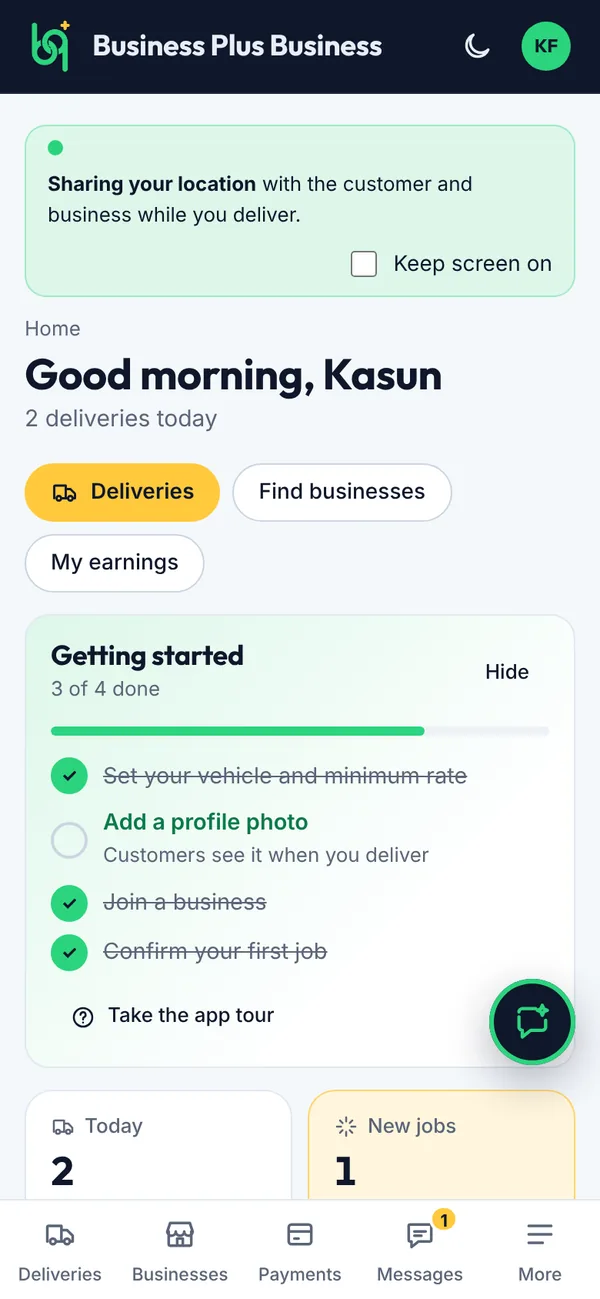 Delivery person Home page on a phone