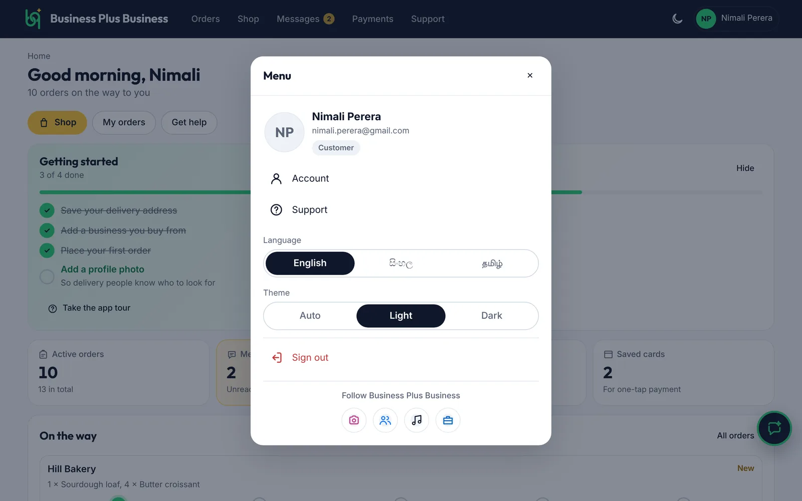 Your menu: account, theme and sign out on a computer