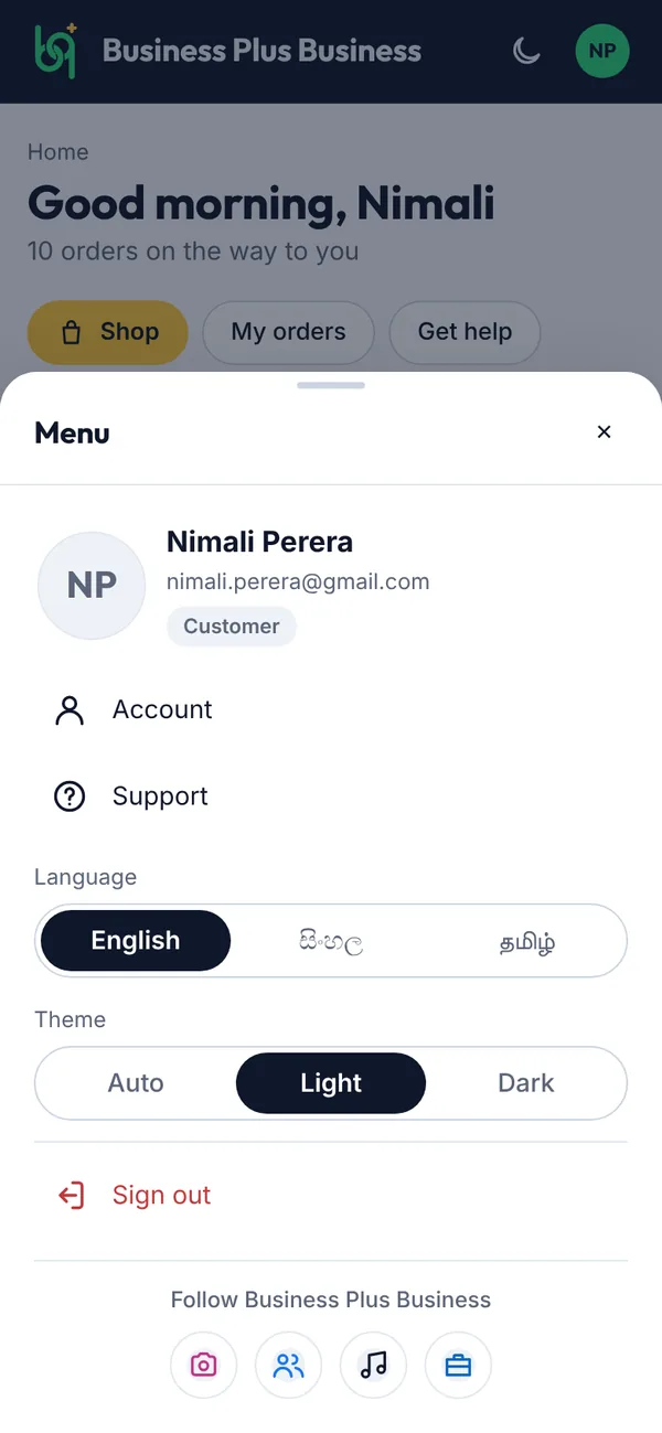 Your menu: account, theme and sign out on a phone