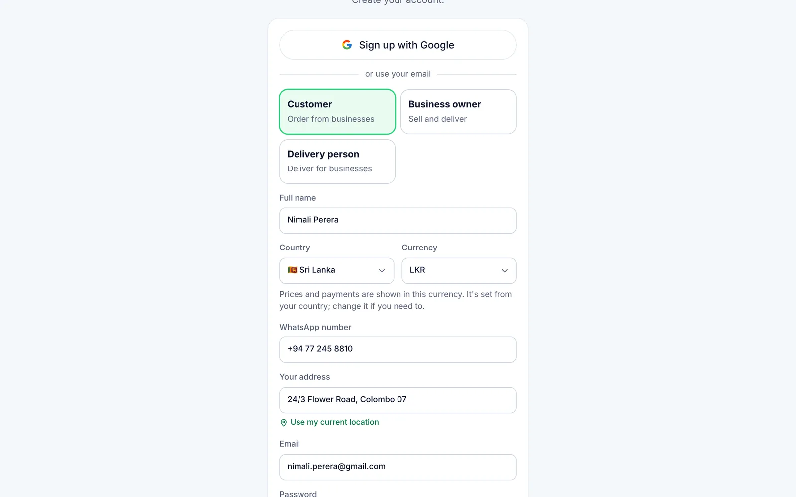 Create your account: role, name, country and phone on a computer