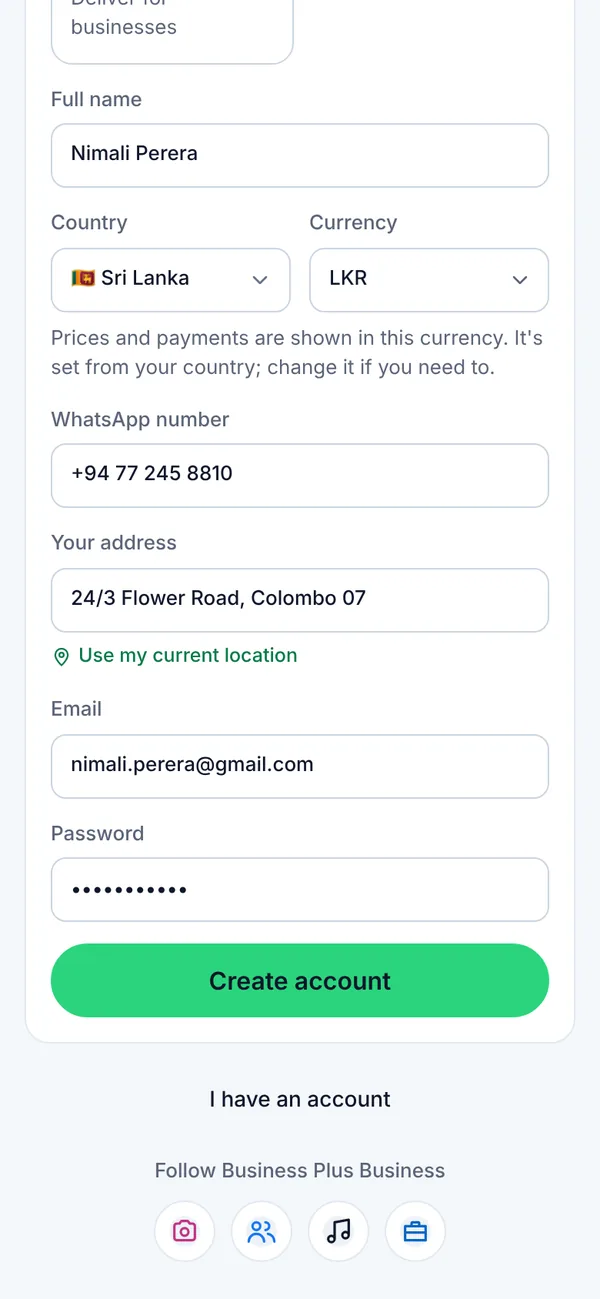 Create your account: address, email and password on a phone