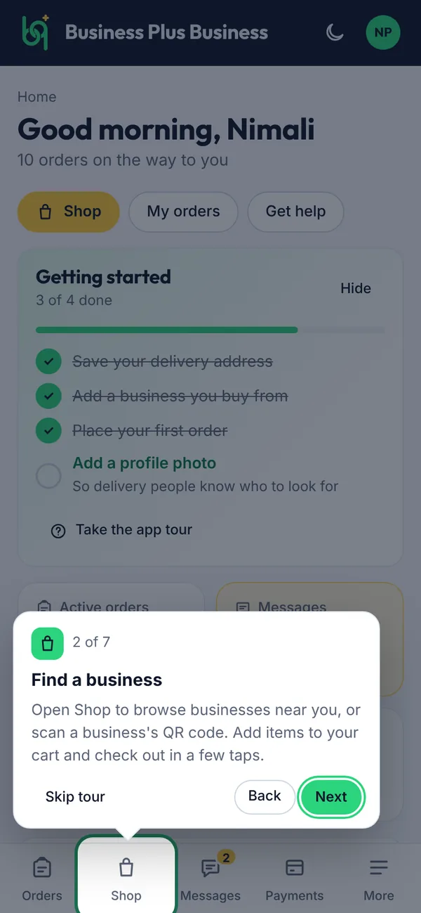 The welcome tour pointing at a page in the menu on a phone
