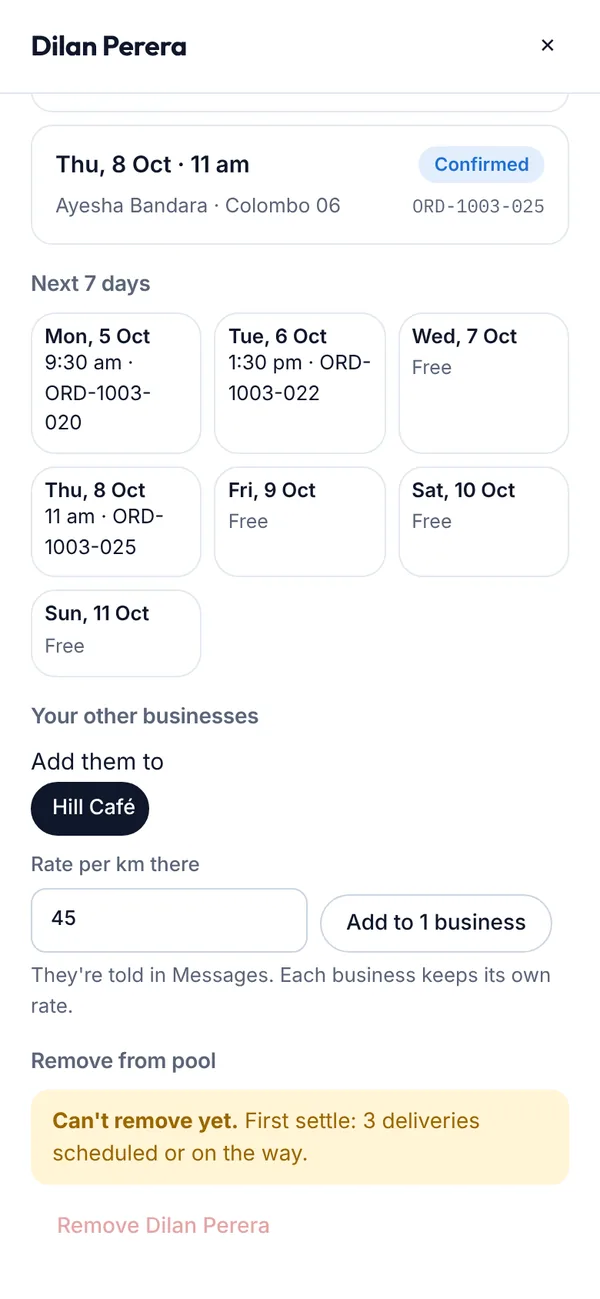 Driver details and adding them to another business on a phone