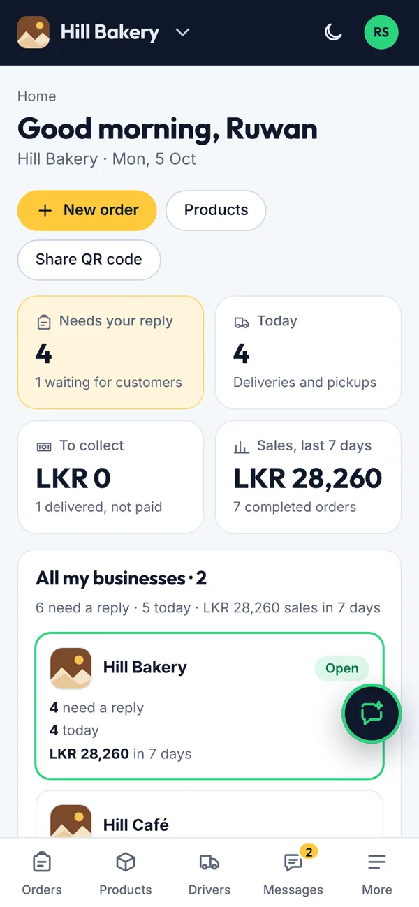 Business Home page on a phone