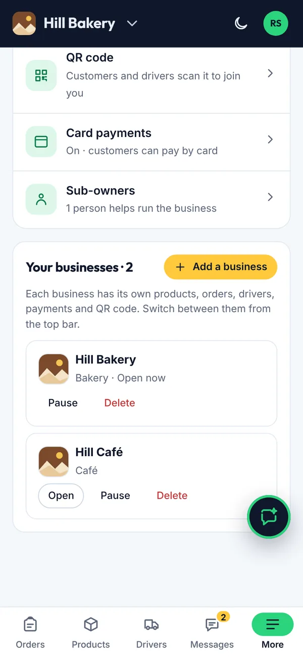 Pausing or deleting a business on a phone