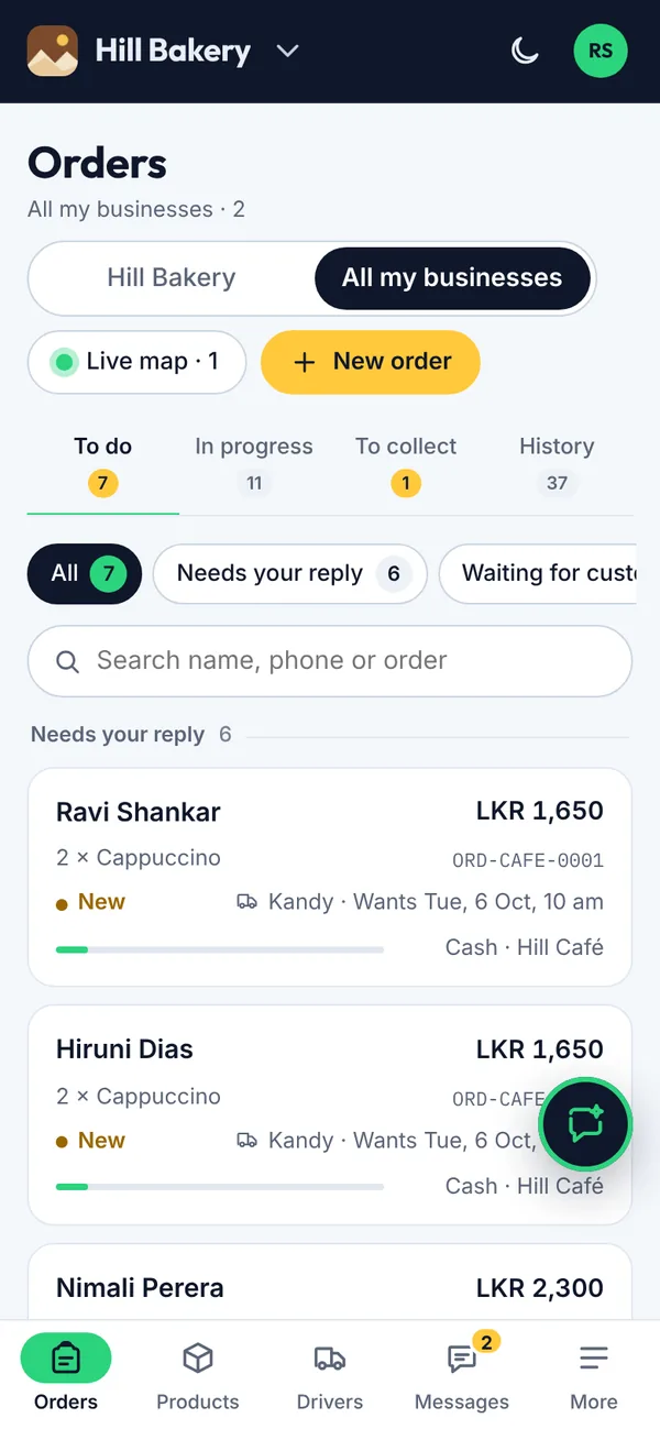 Orders from all your businesses on a phone