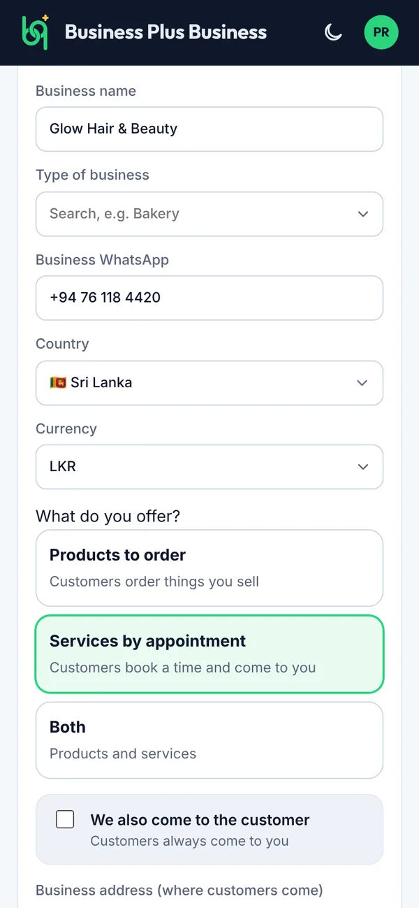 Setting up a business for services on a phone